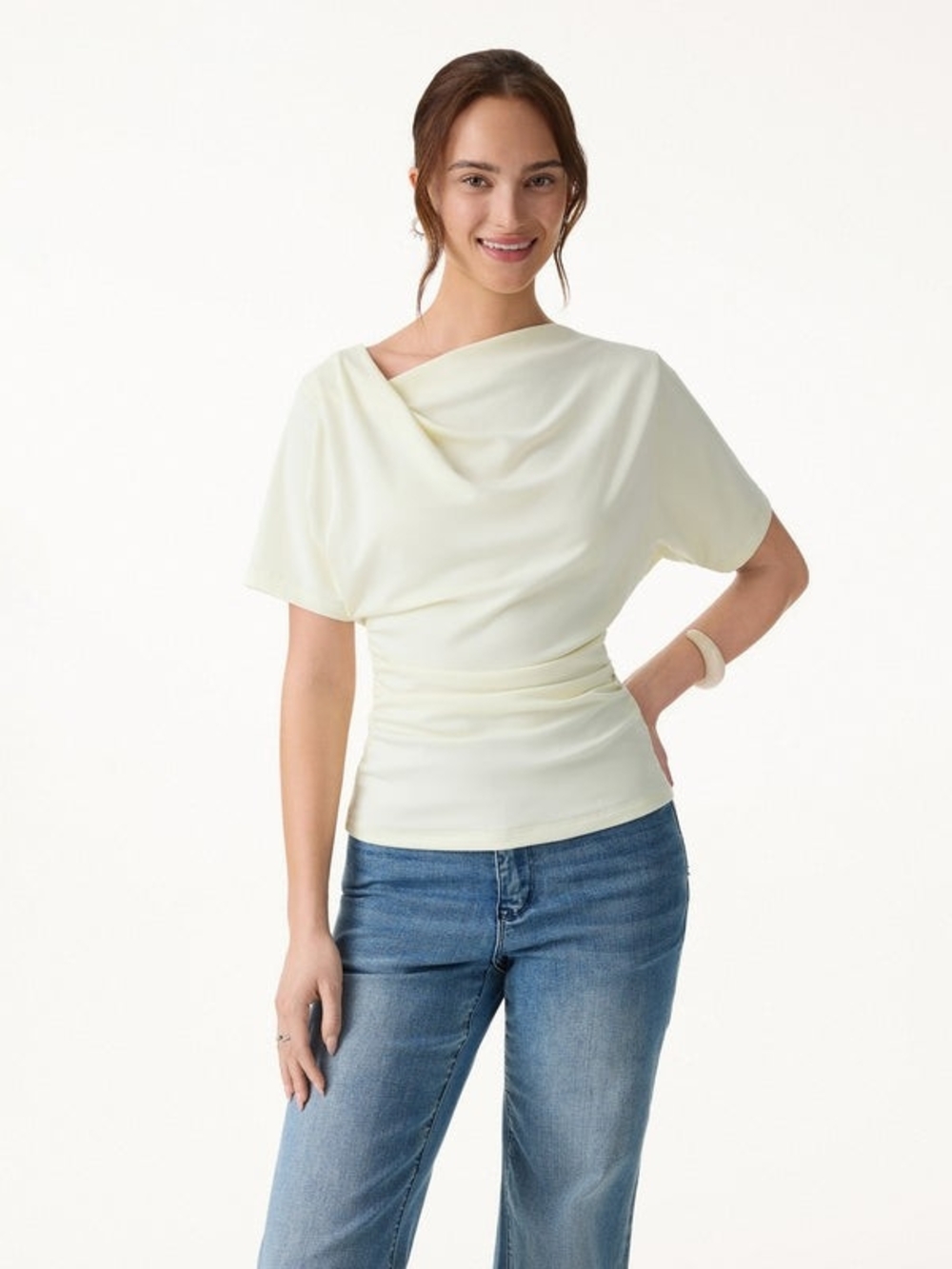 OGL Asymmetrical Cowl Neck Ruched Top In Ruby Red - Picture 7 of 10